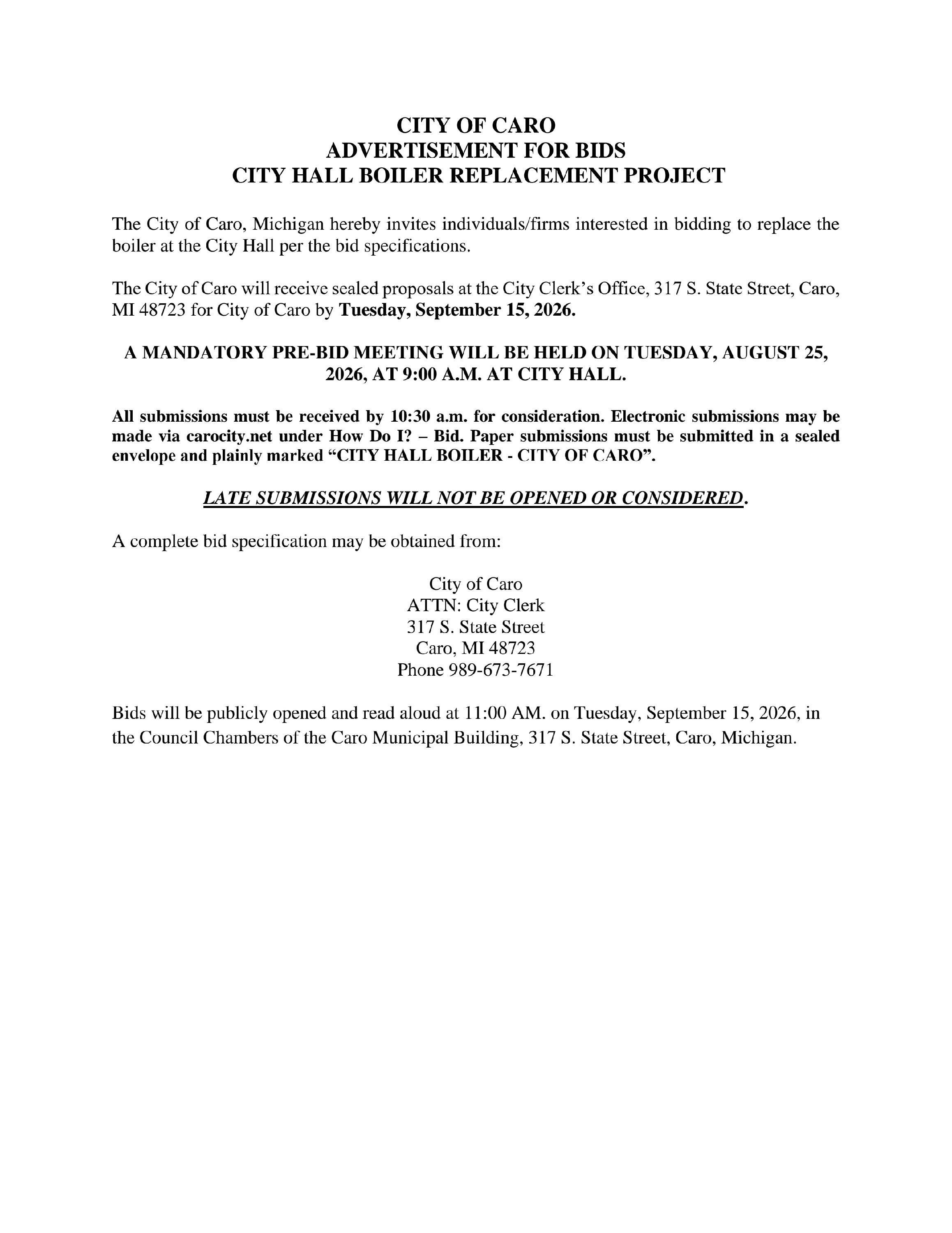 City Hall Boiler Replacement Bid Cover Page
